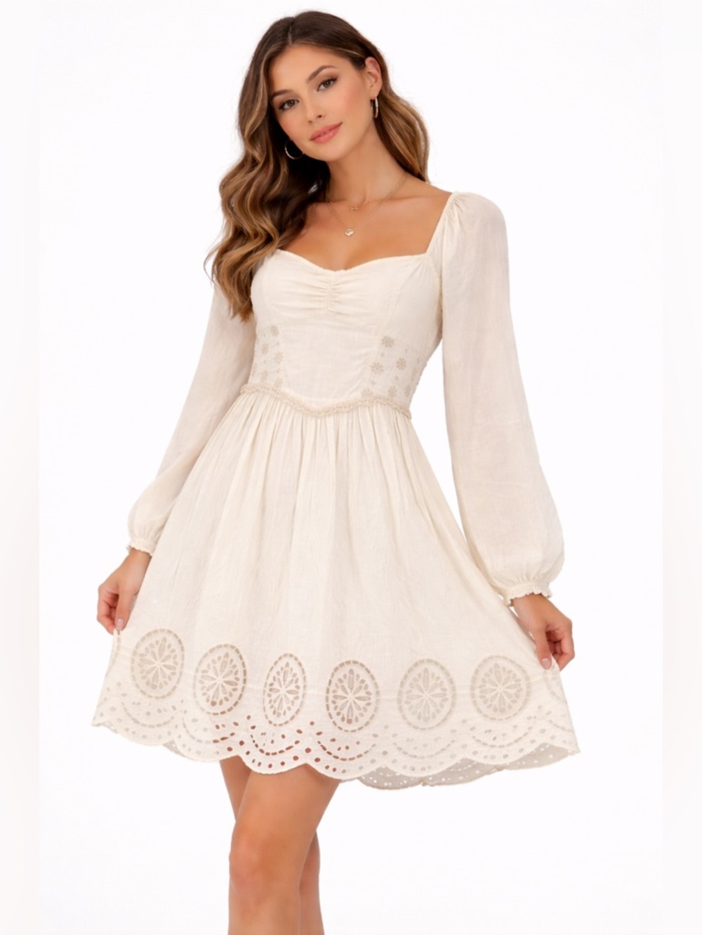 American Eagle Outfitters Cream Embroidered Dress